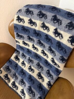 Icelandic 100% Wool Horse Throw Blanket in Blues and Cream